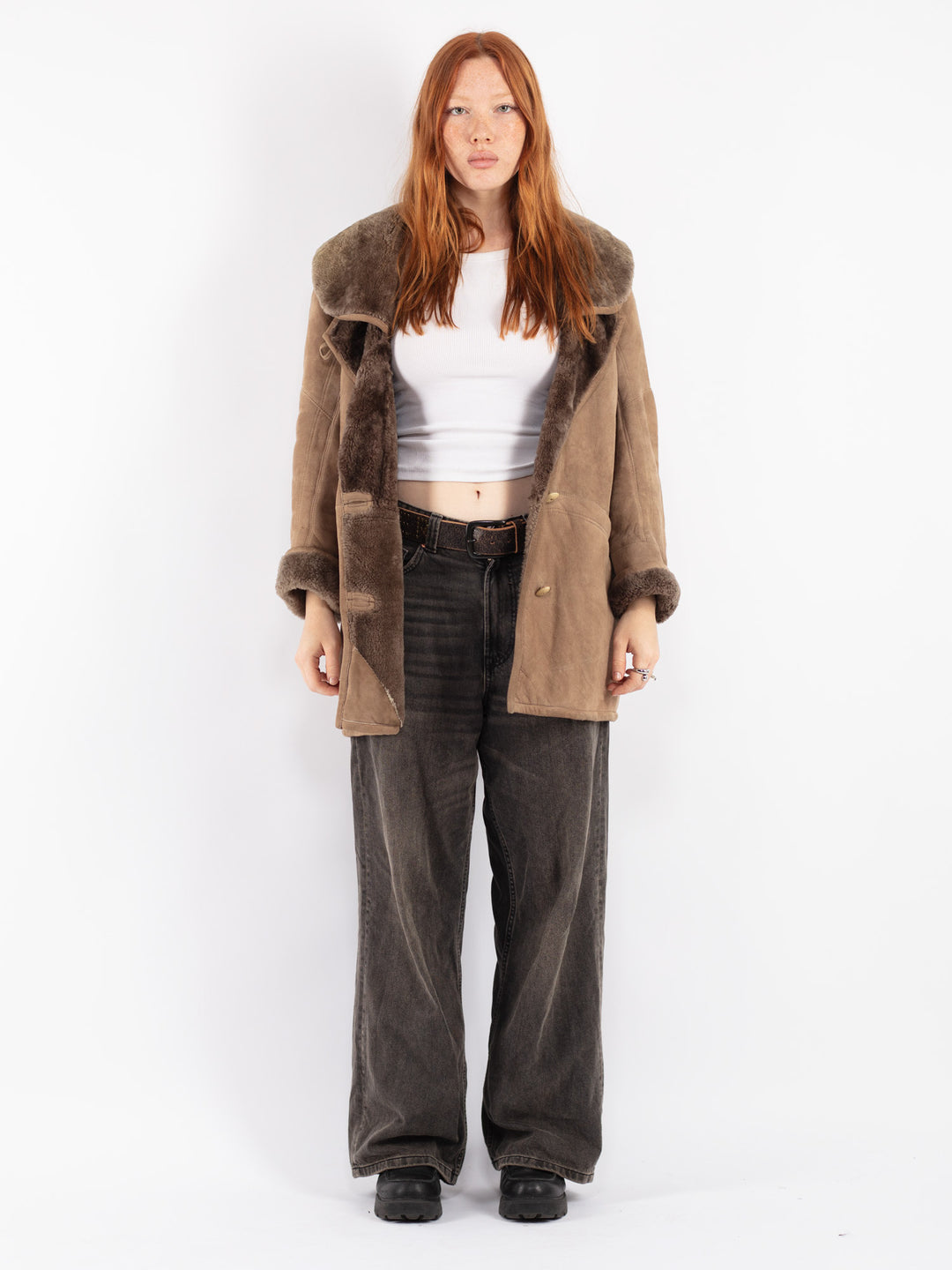 Vintage 80's Women Sheepskin Shearling Coat in Beige
