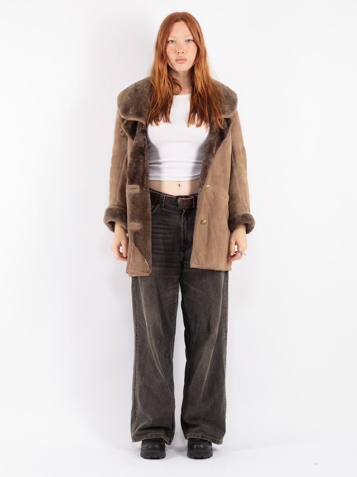 Vintage 80's Women Sheepskin Shearling Coat in Beige