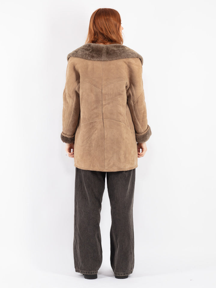Vintage 80's Women Sheepskin Shearling Coat in Beige