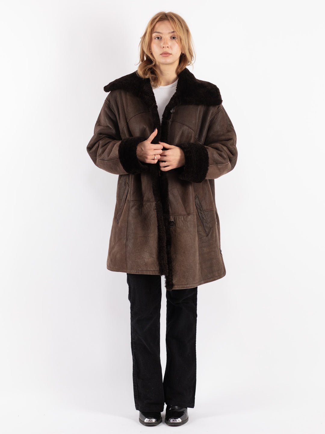 Vintage 80's Women Sheepskin Coat in Brown