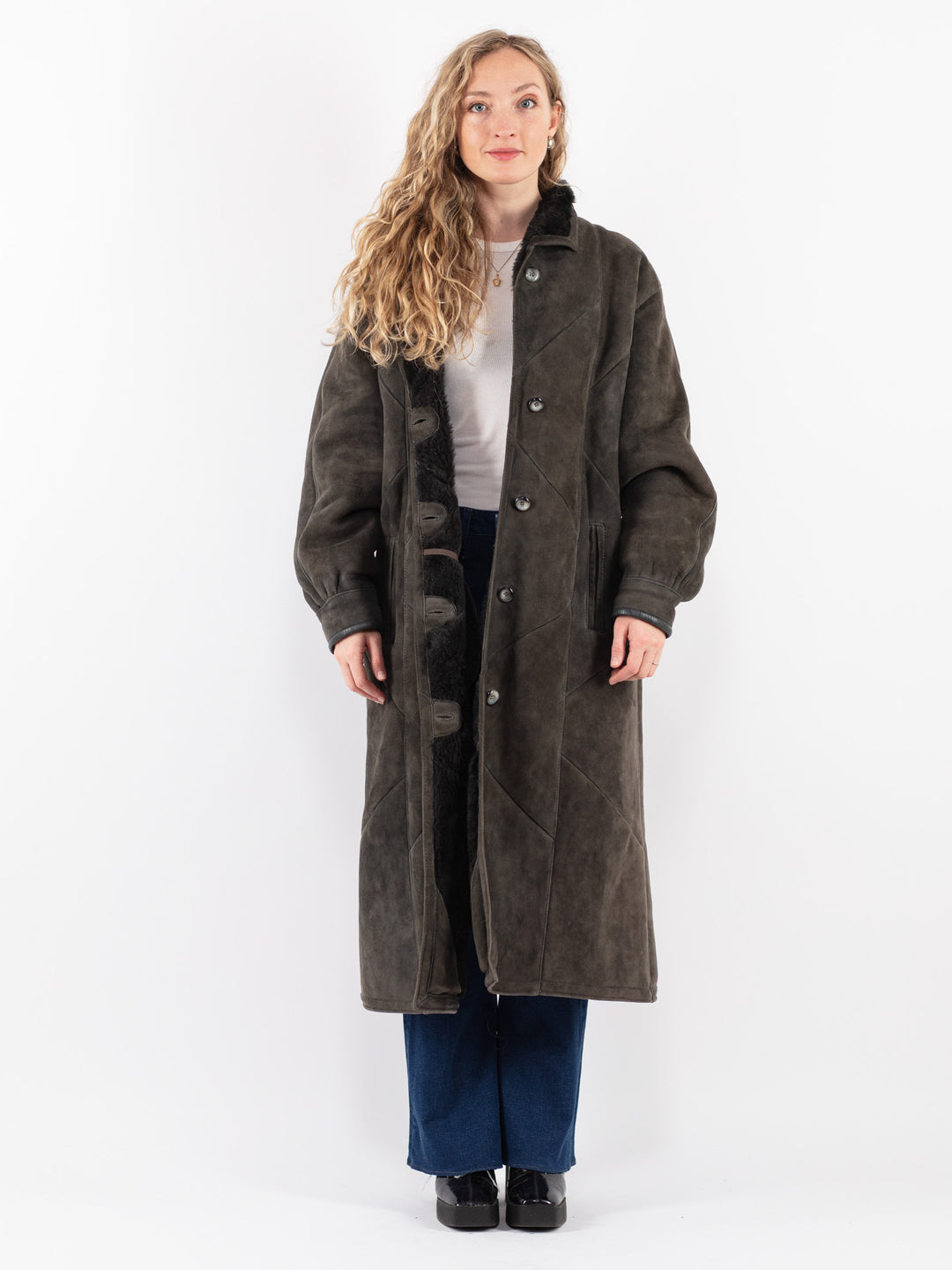 Vintage 80's Women Sheepskin Shearling Coat in Gray