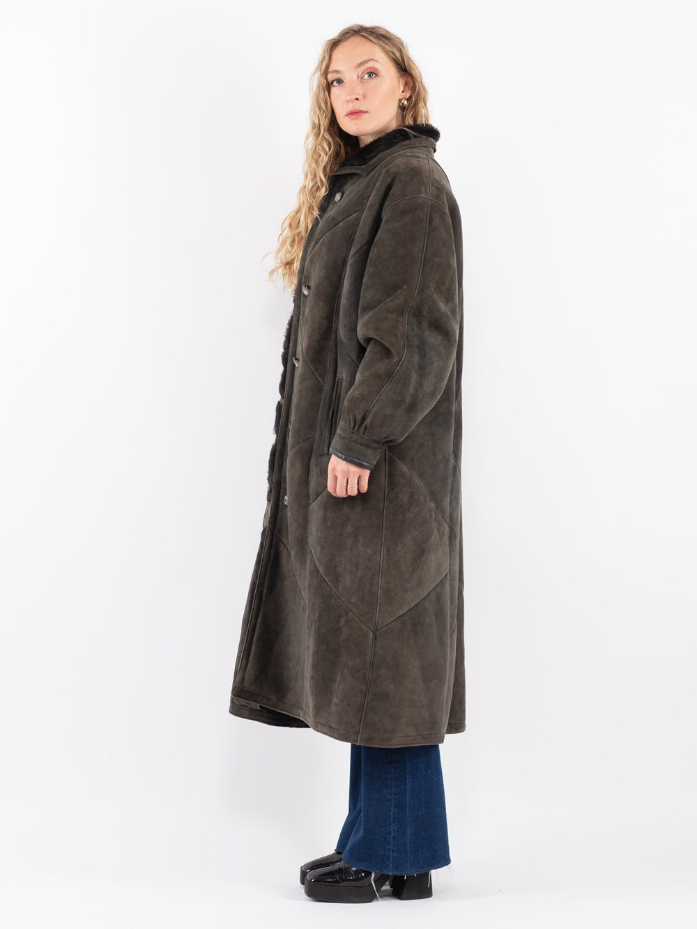 Vintage 80's Women Sheepskin Shearling Coat in Gray