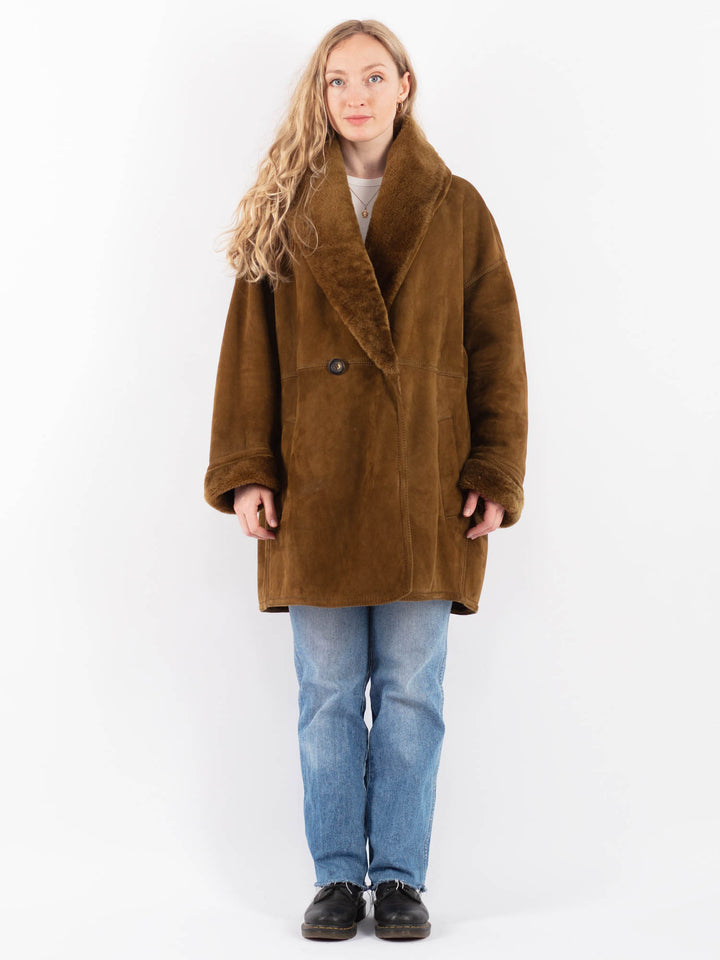 Vintage 80's Women Sheepskin Shearling Coat in BrownV9454