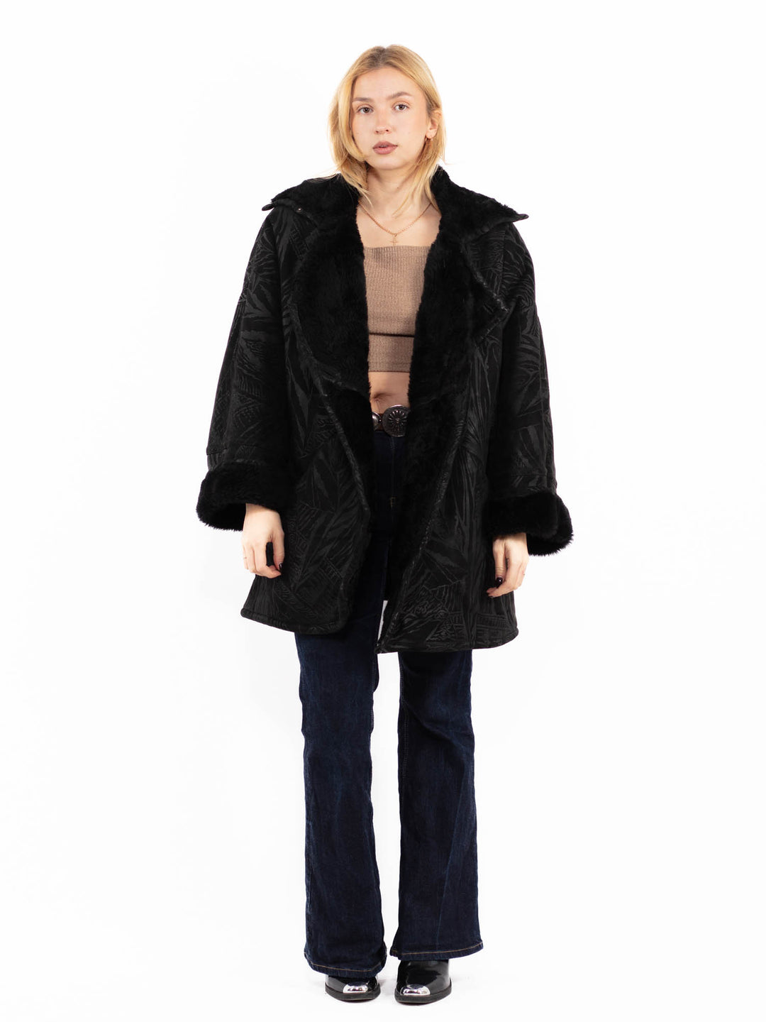 Vintage 80's Women Sheepskin Shearling Coat in BlackA0720