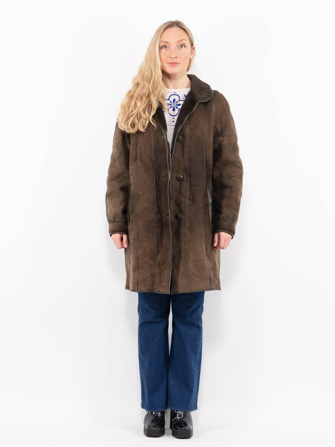 Vintage 80's Women Sheepskin Coat in GreenA0996