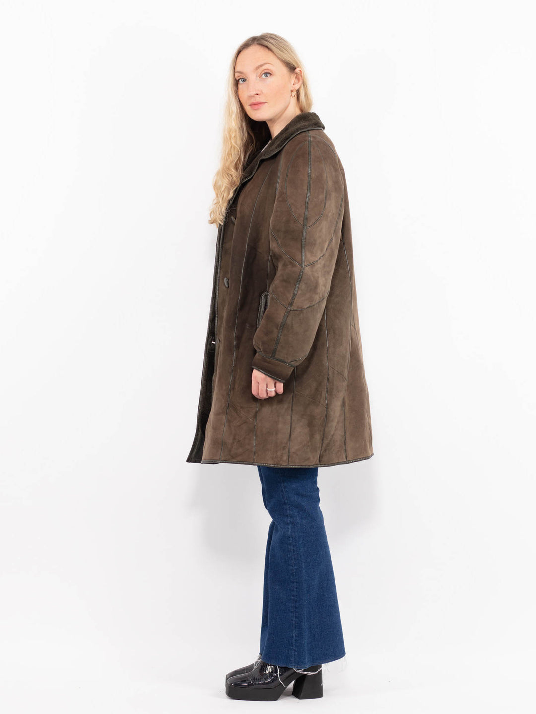 Vintage 80's Women Sheepskin Coat in GreenA0996