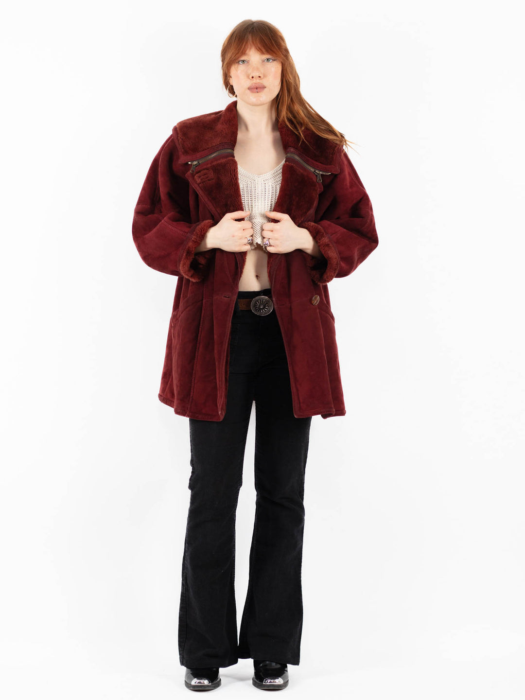 Vintage 80's Women Sheepskin Shearling Coat in RedV9764