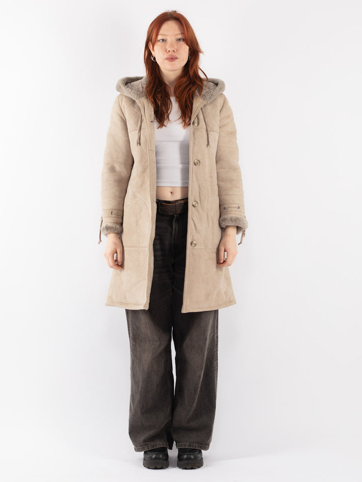 Vintage 80's Women Sheepskin Coat in Beige
