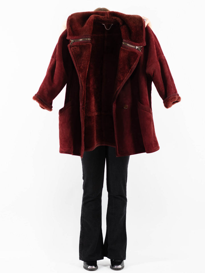 Vintage 80's Women Sheepskin Shearling Coat in RedV9764