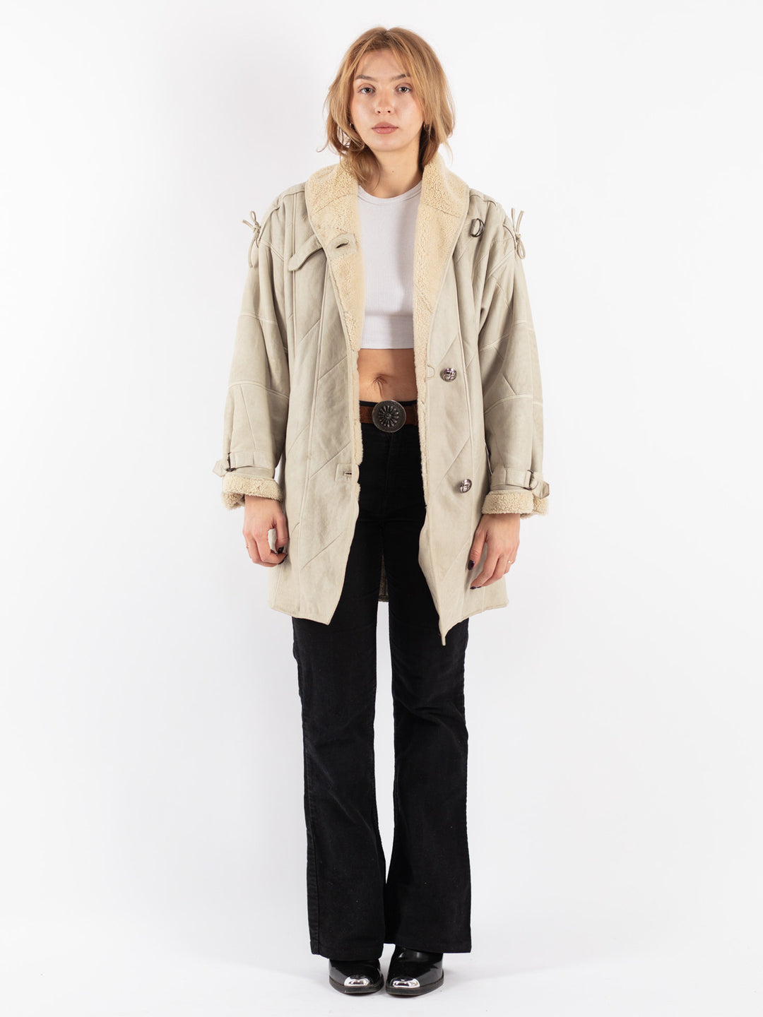 Vintage 80's Women Sheepskin Coat in Gray