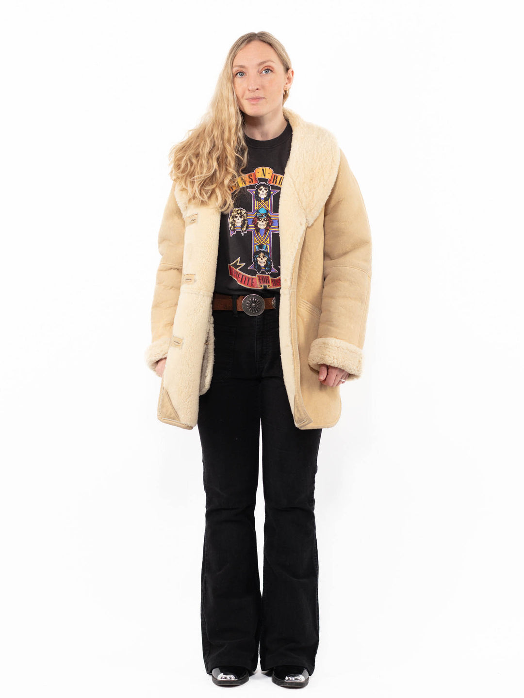 Vintage 80's Women Sheepskin Coat in BeigeA0899