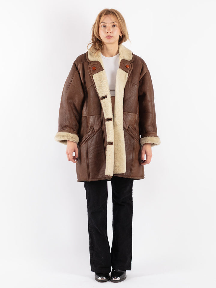 Vintage 80's Women Sheepskin Shearling Coat in Brown