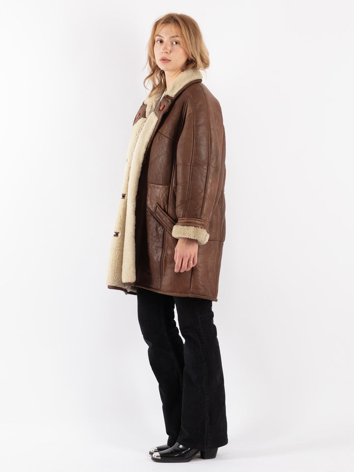 Vintage 80's Women Sheepskin Shearling Coat in Brown