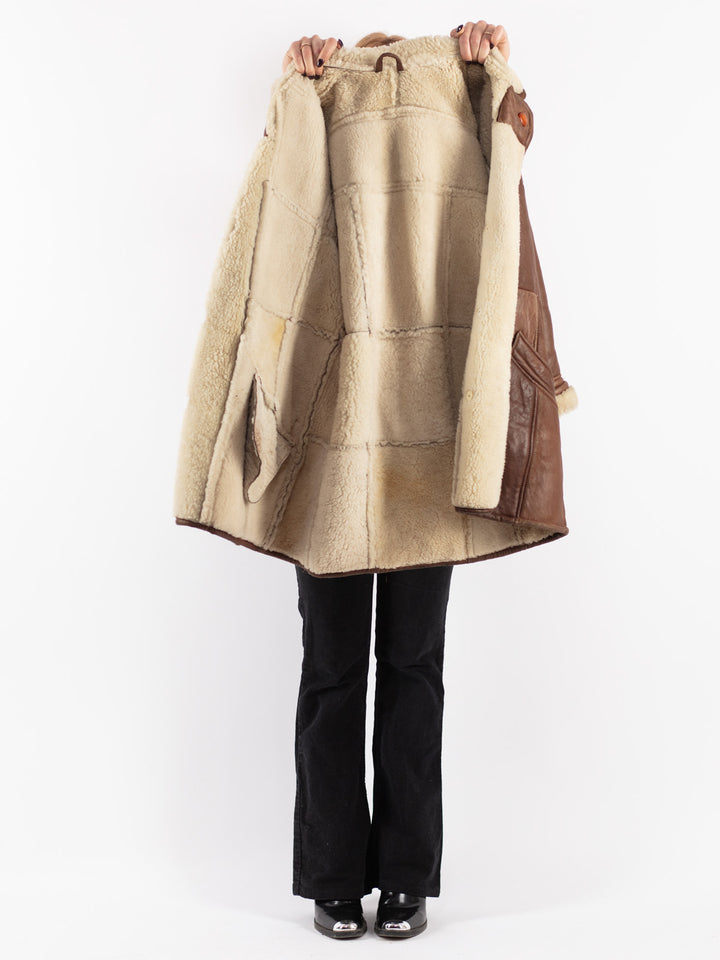 Vintage 80's Women Sheepskin Shearling Coat in Brown
