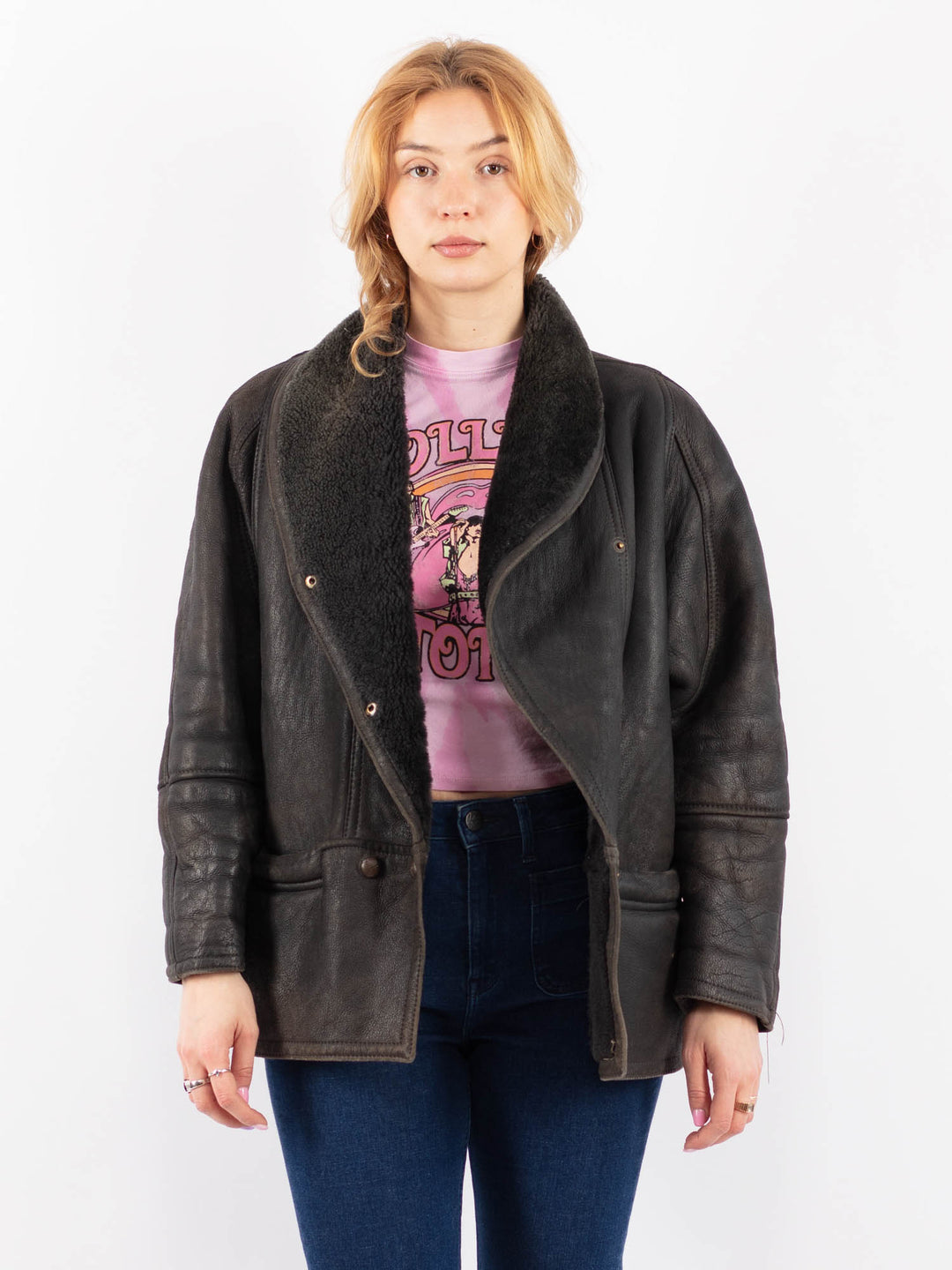 Vintage 80's Women Sheepskin Coat in GrayV9557