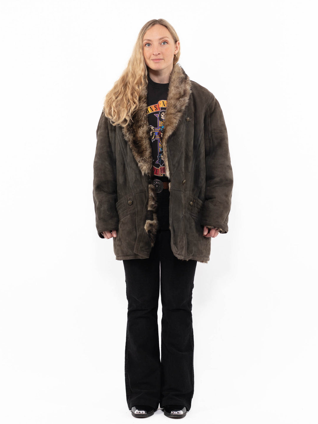 Vintage 80's Women Sheepskin Coat in GrayA0906