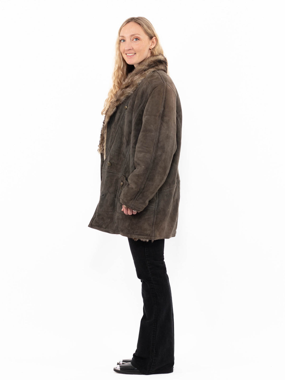 Vintage 80's Women Sheepskin Coat in GrayA0906