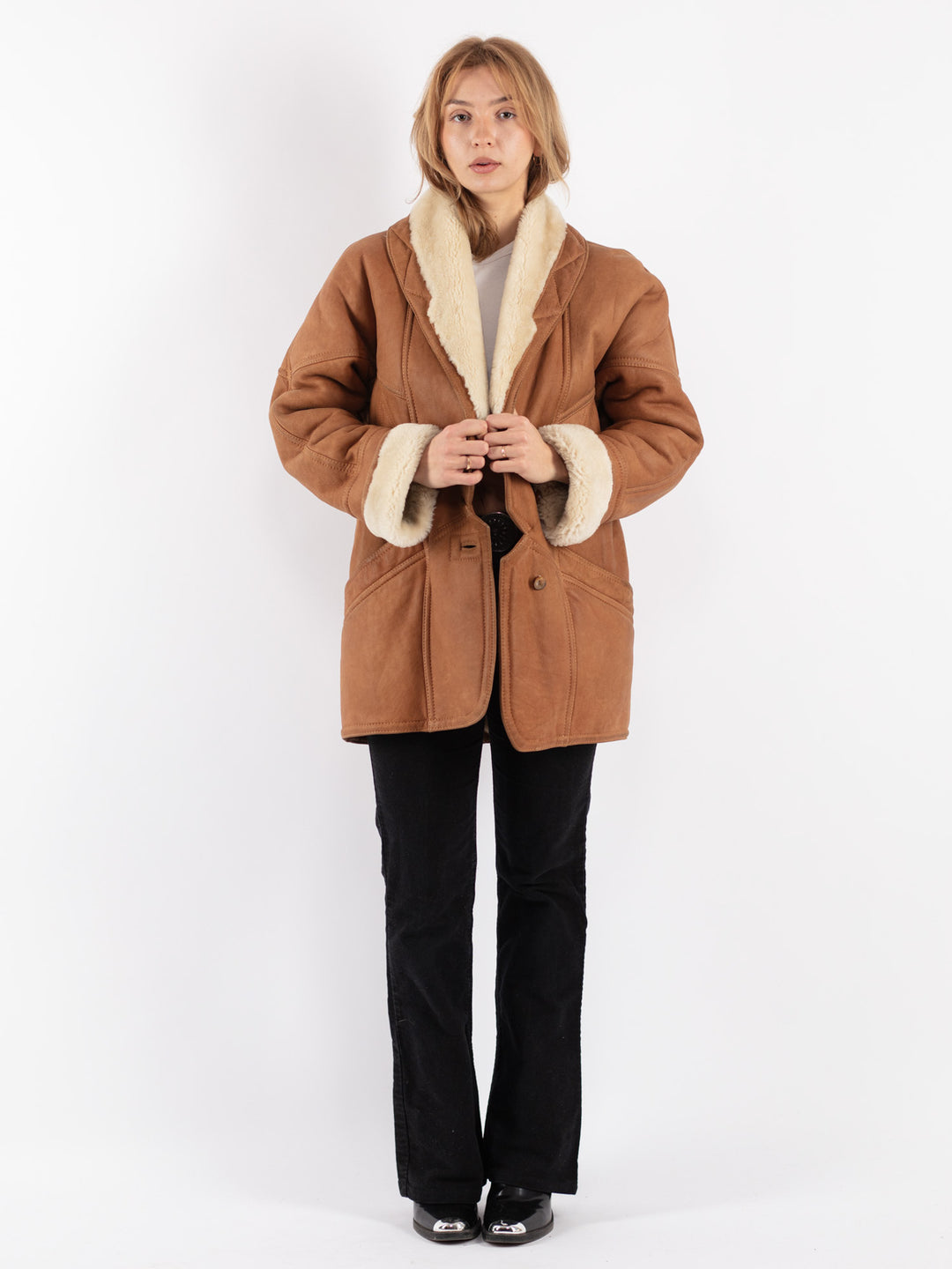 Vintage 80's Women Sheepskin Shearling Coat in Brown