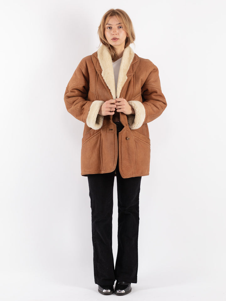 Vintage 80's Women Sheepskin Shearling Coat in Brown