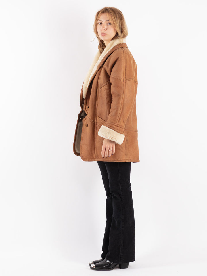 Vintage 80's Women Sheepskin Shearling Coat in Brown