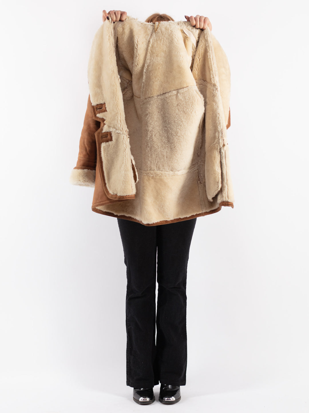 Vintage 80's Women Sheepskin Shearling Coat in Brown