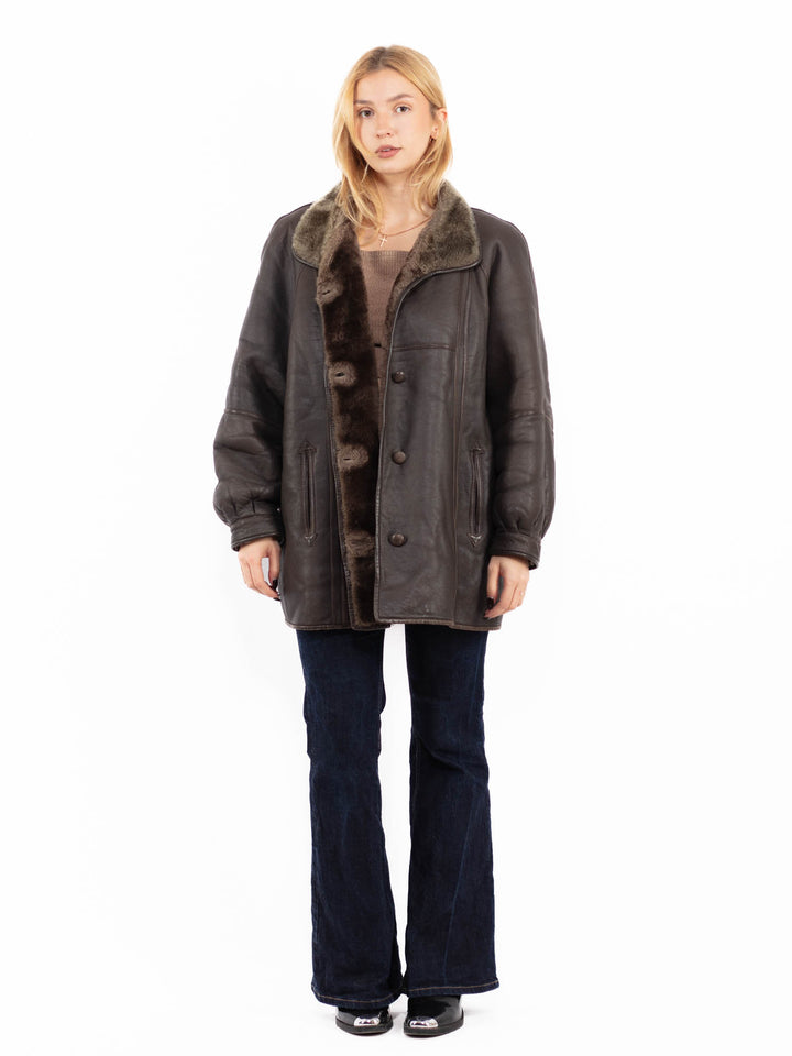 Vintage 80's Women Reversible Sheepskin Shearling Coat in Brown