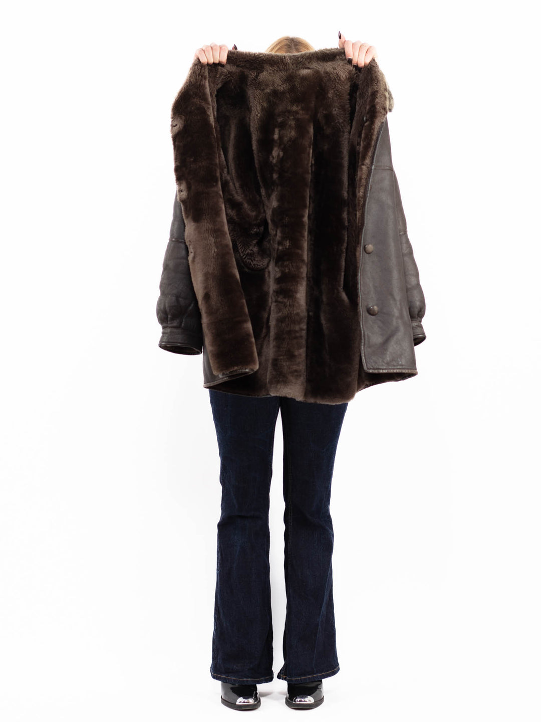 Vintage 80's Women Reversible Sheepskin Shearling Coat in Brown
