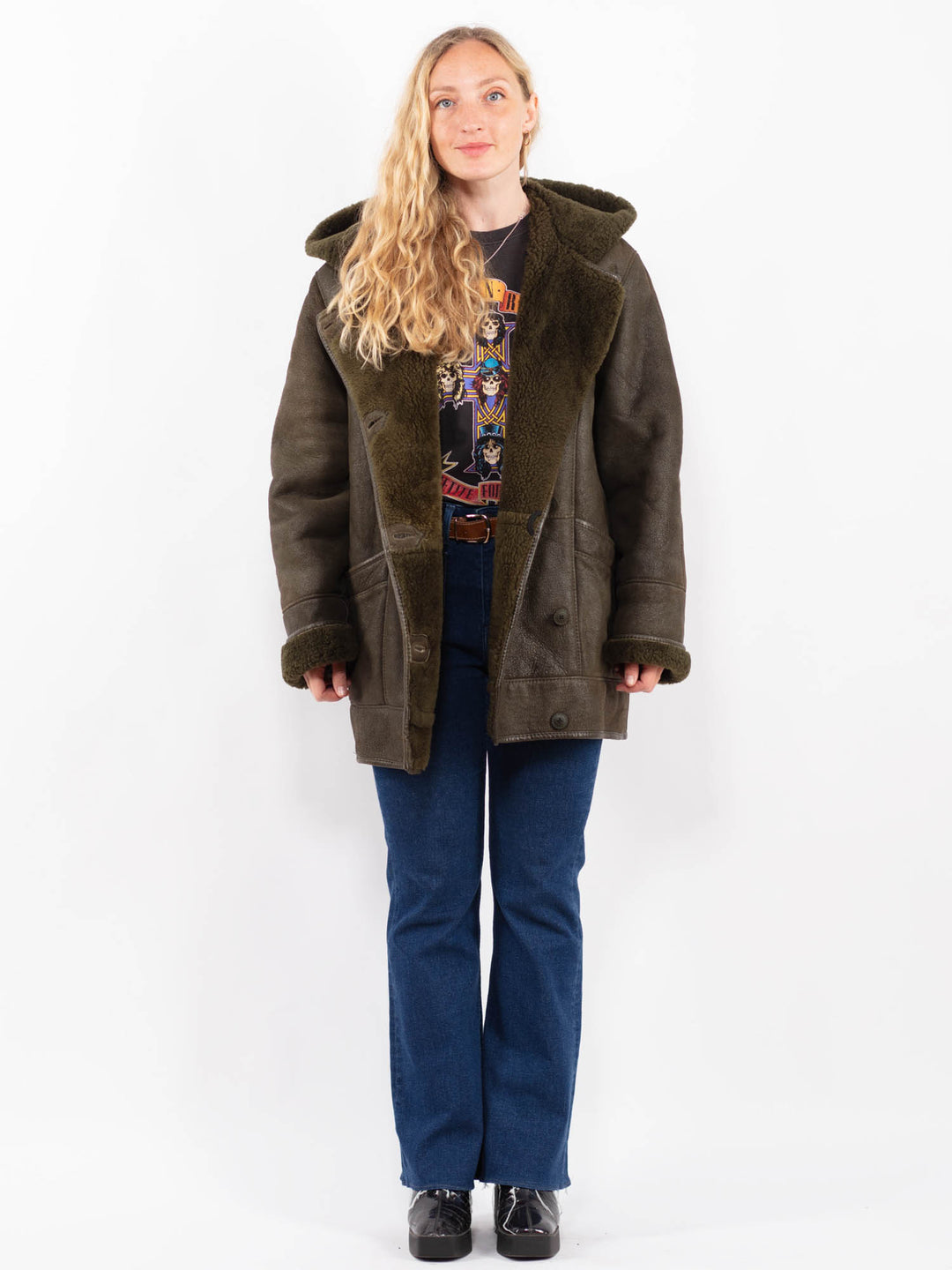 Vintage 80's Women Sheepskin Coat in GreenA0385