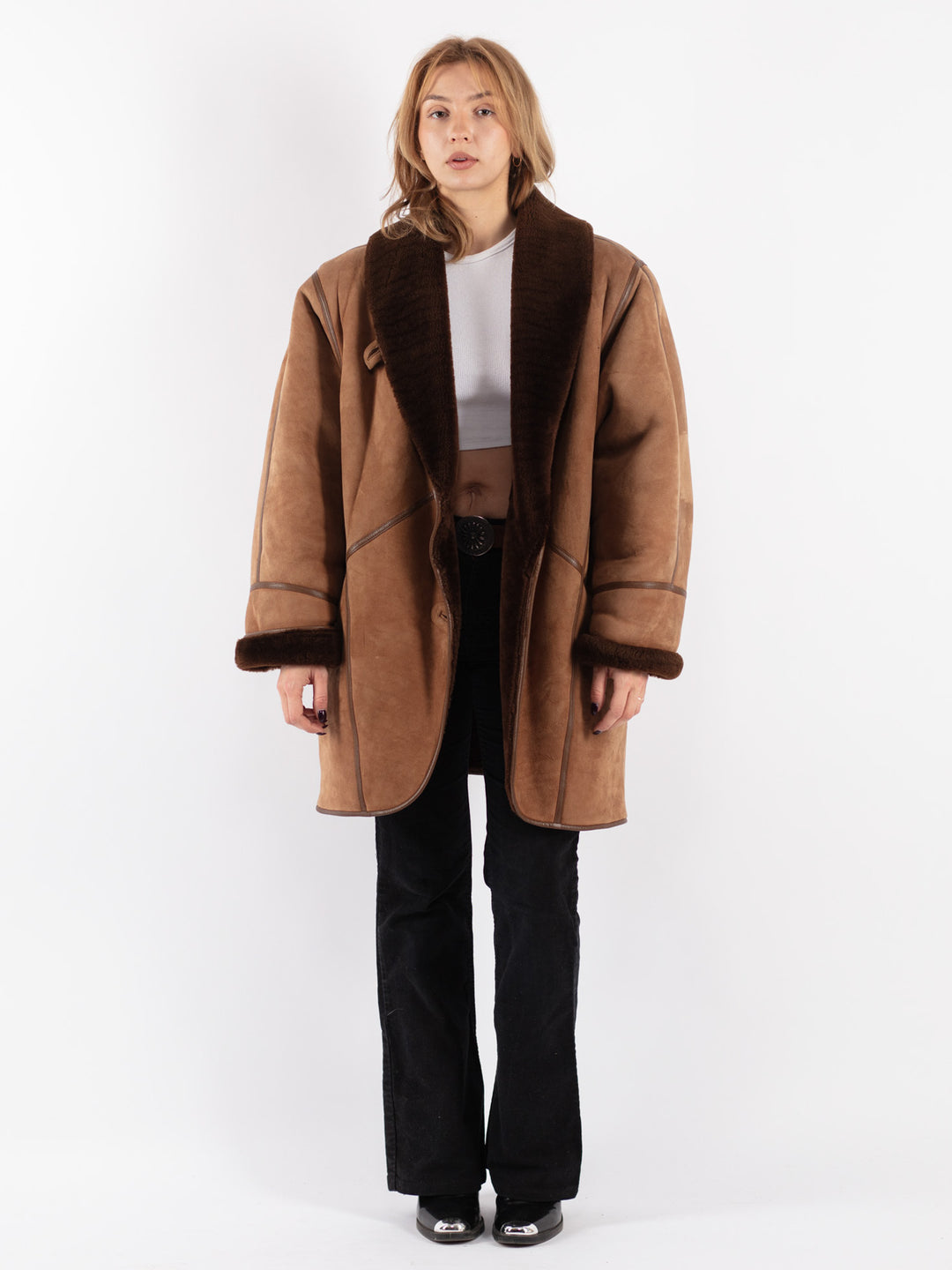 Vintage 80's Women Sheepskin Coat in Brown