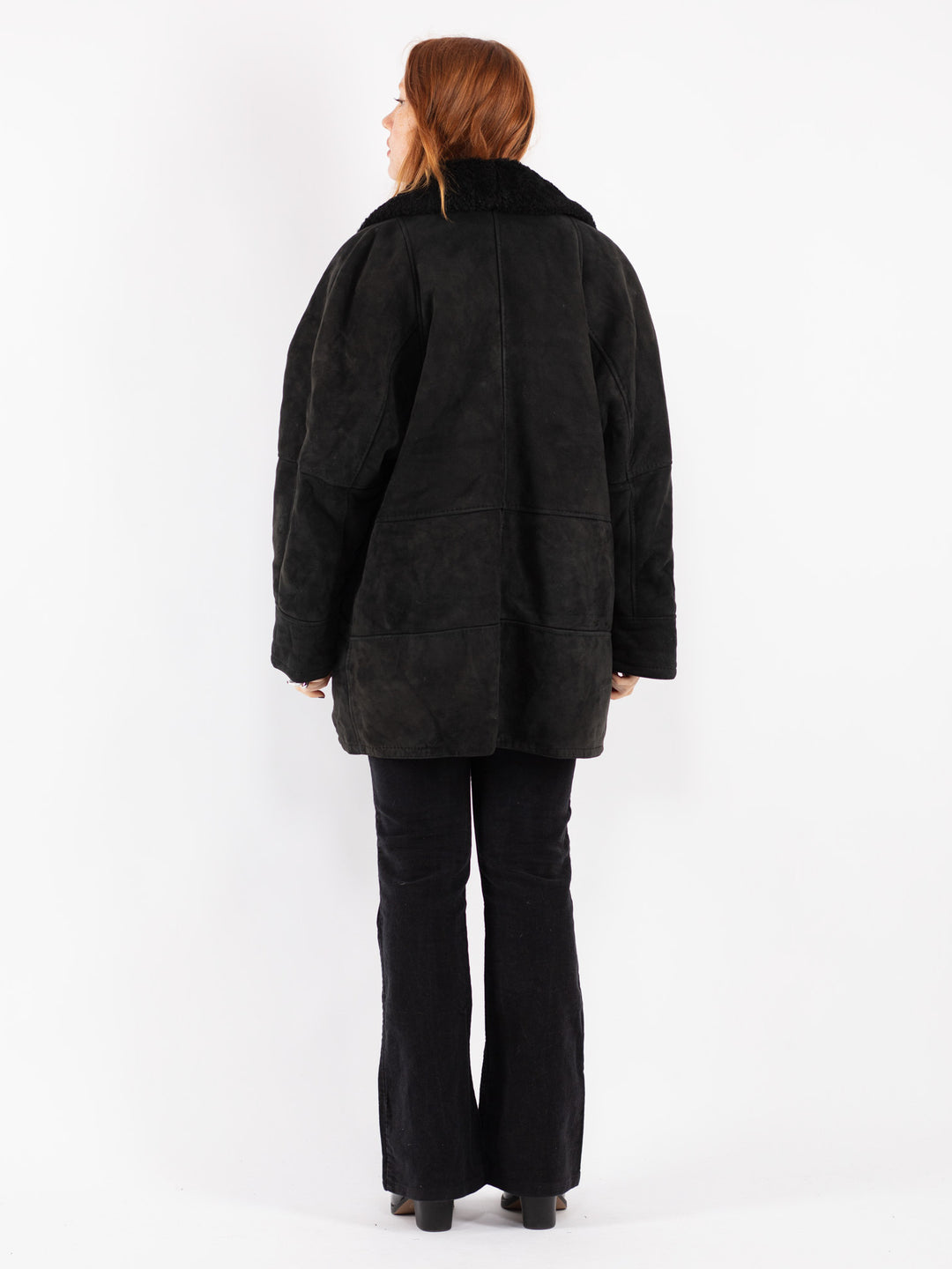 Vintage 80's Women Sheepskin Shearling Coat in Black