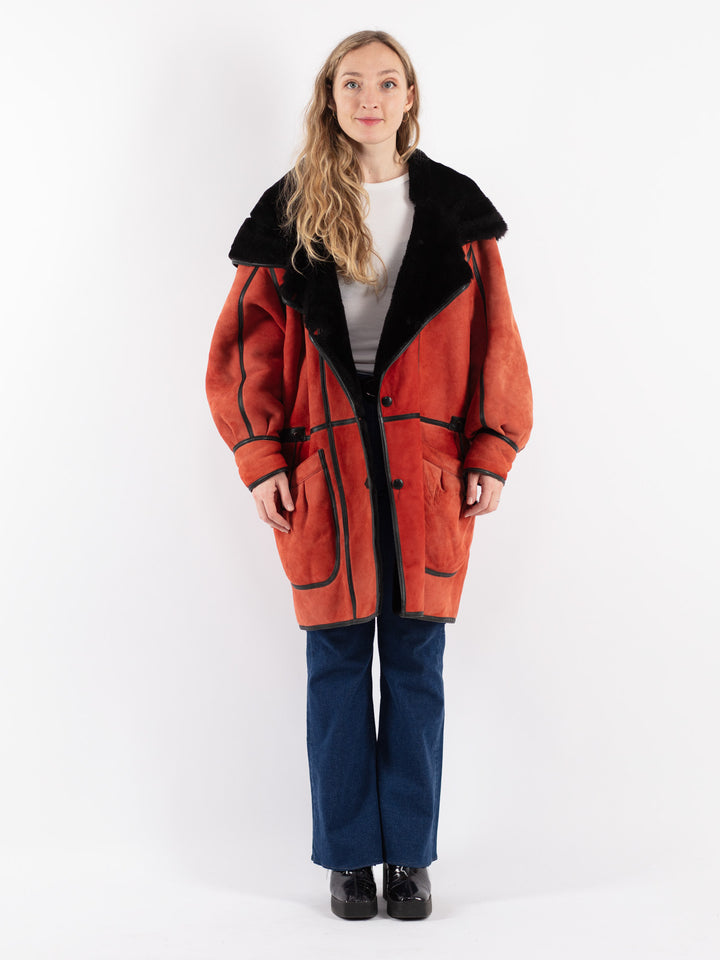 Vintage 80's Women Sheepskin Coat in Red