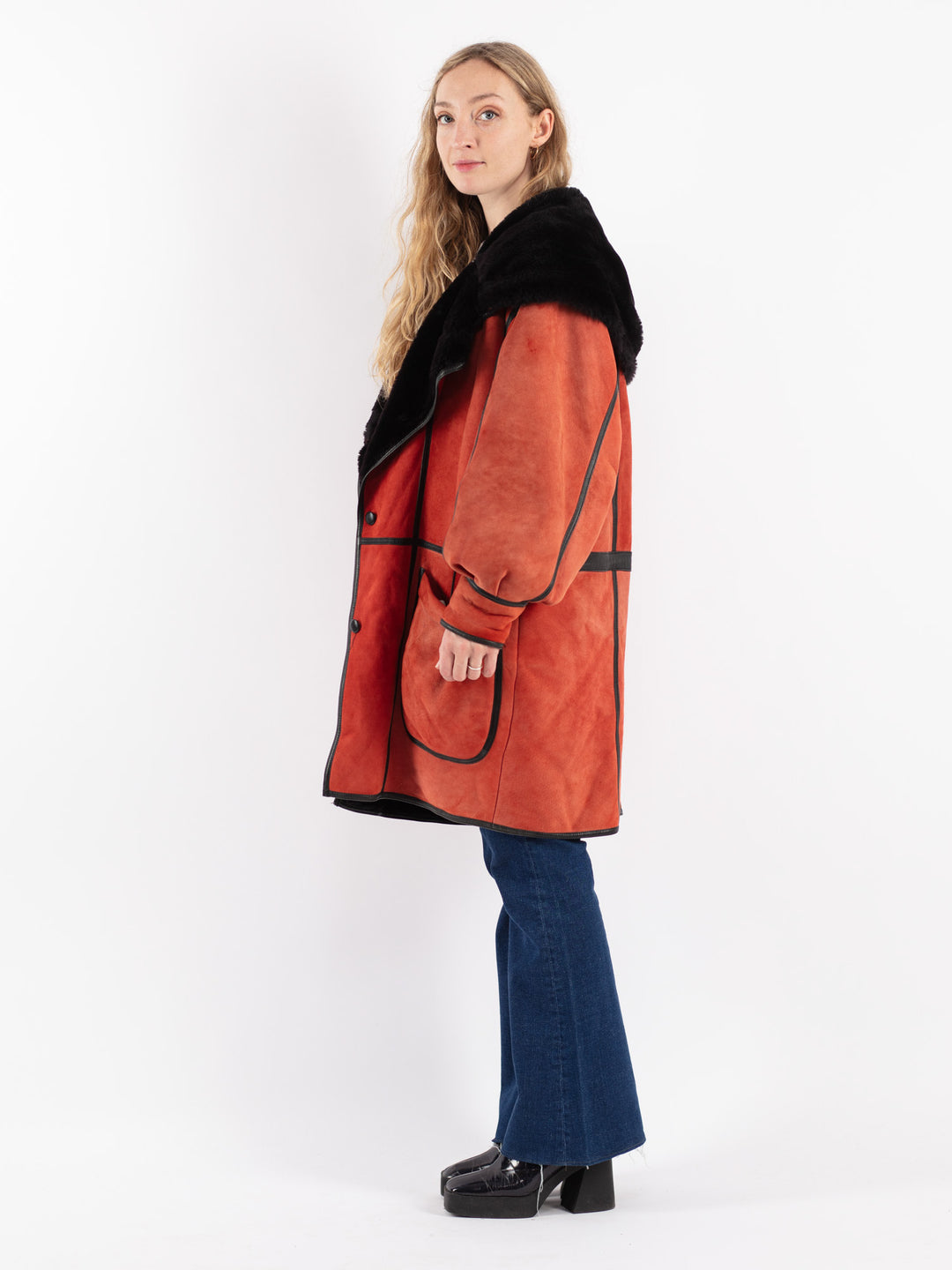 Vintage 80's Women Sheepskin Coat in Red