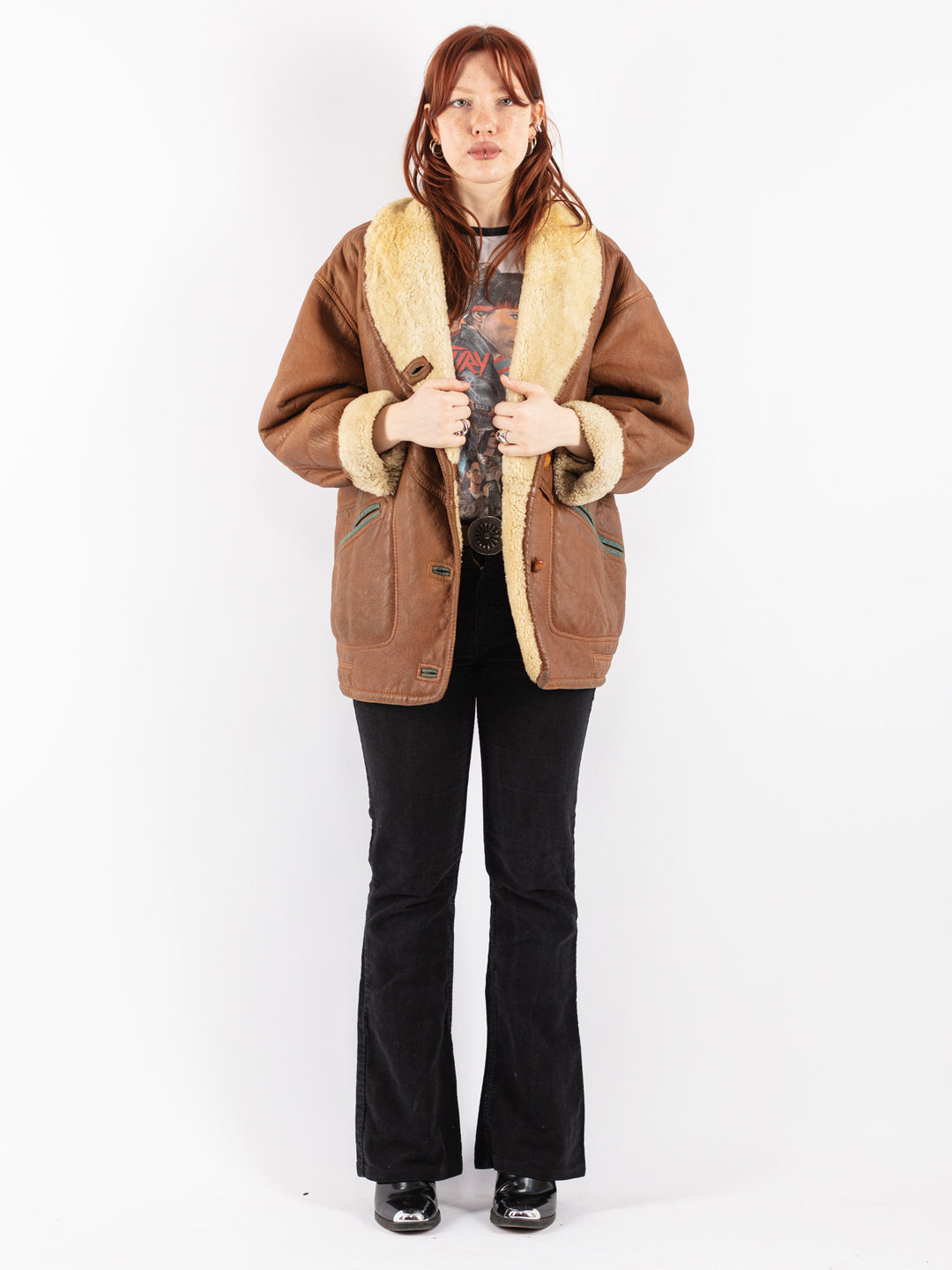 Vintage 80's Women Sheepskin Shearling Coat in Brown