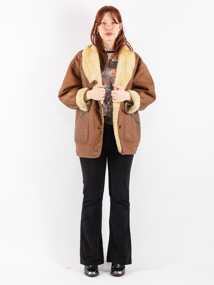 Vintage 80's Women Sheepskin Shearling Coat in Brown