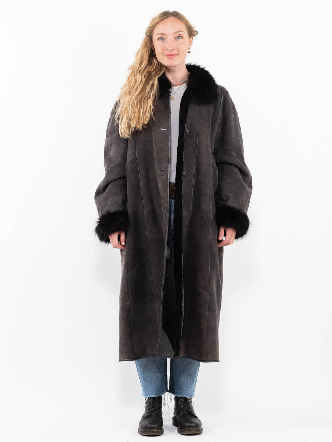 Vintage 80's Women Sheepskin Shearling Coat in GrayA0297