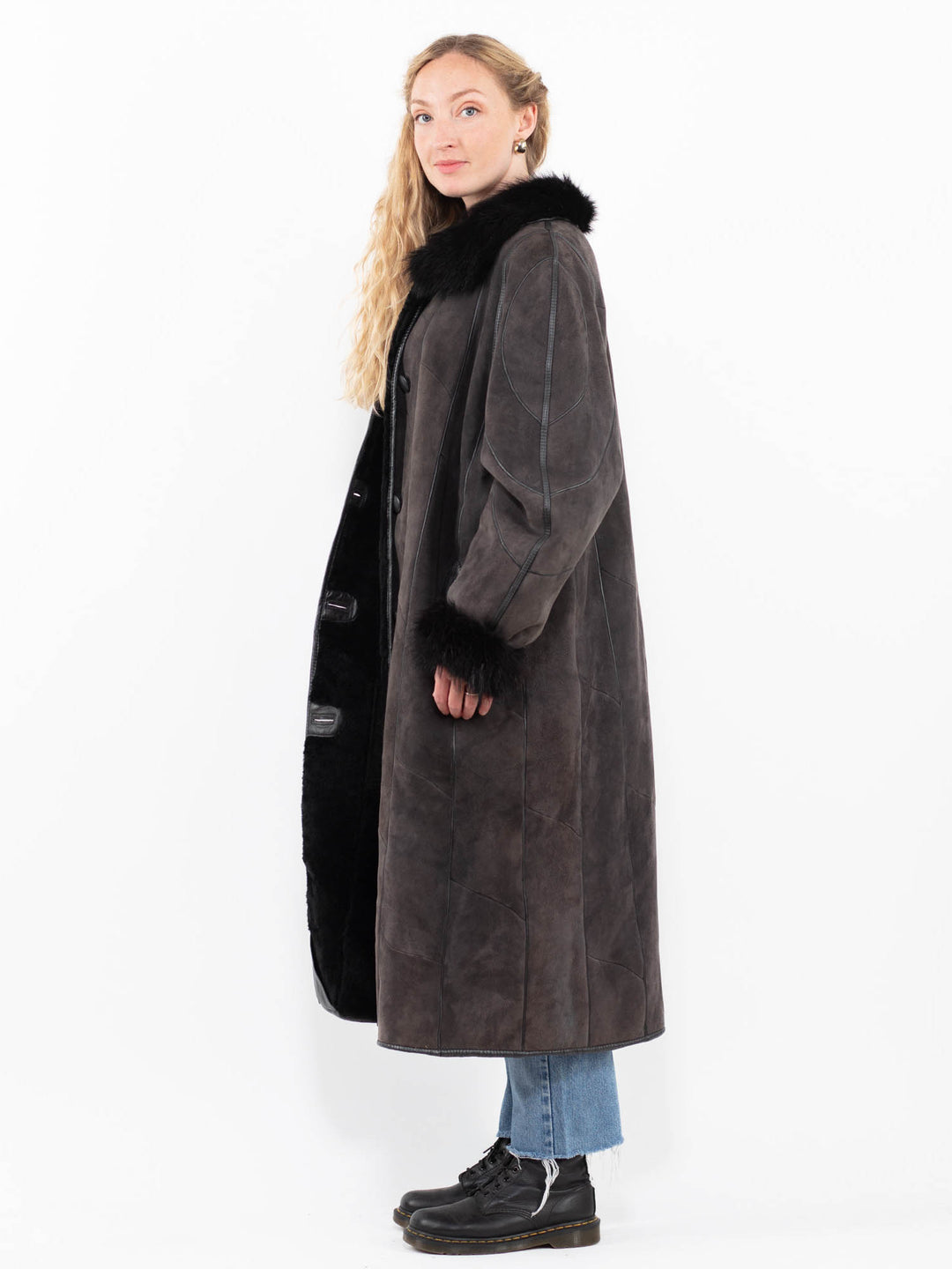 Vintage 80's Women Sheepskin Shearling Coat in GrayA0297