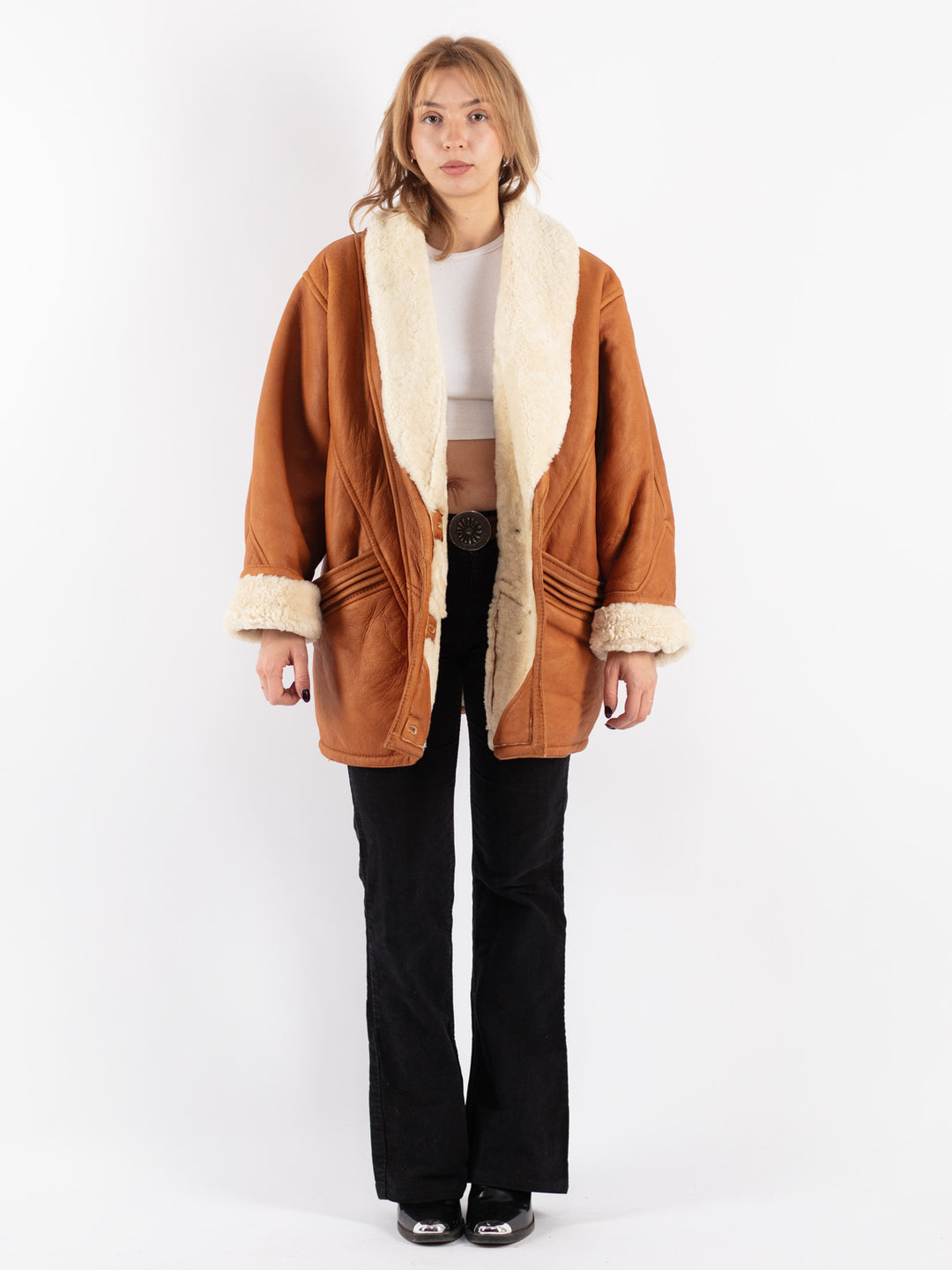 Vintage 80's Women Sheepskin Shearling Coat in Brown