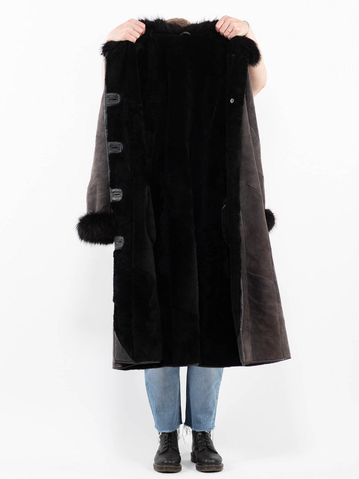 Vintage 80's Women Sheepskin Shearling Coat in GrayA0297