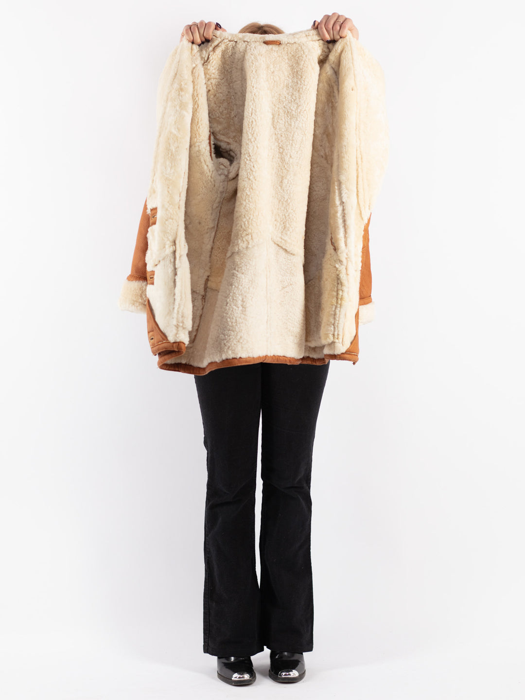 Vintage 80's Women Sheepskin Shearling Coat in Brown
