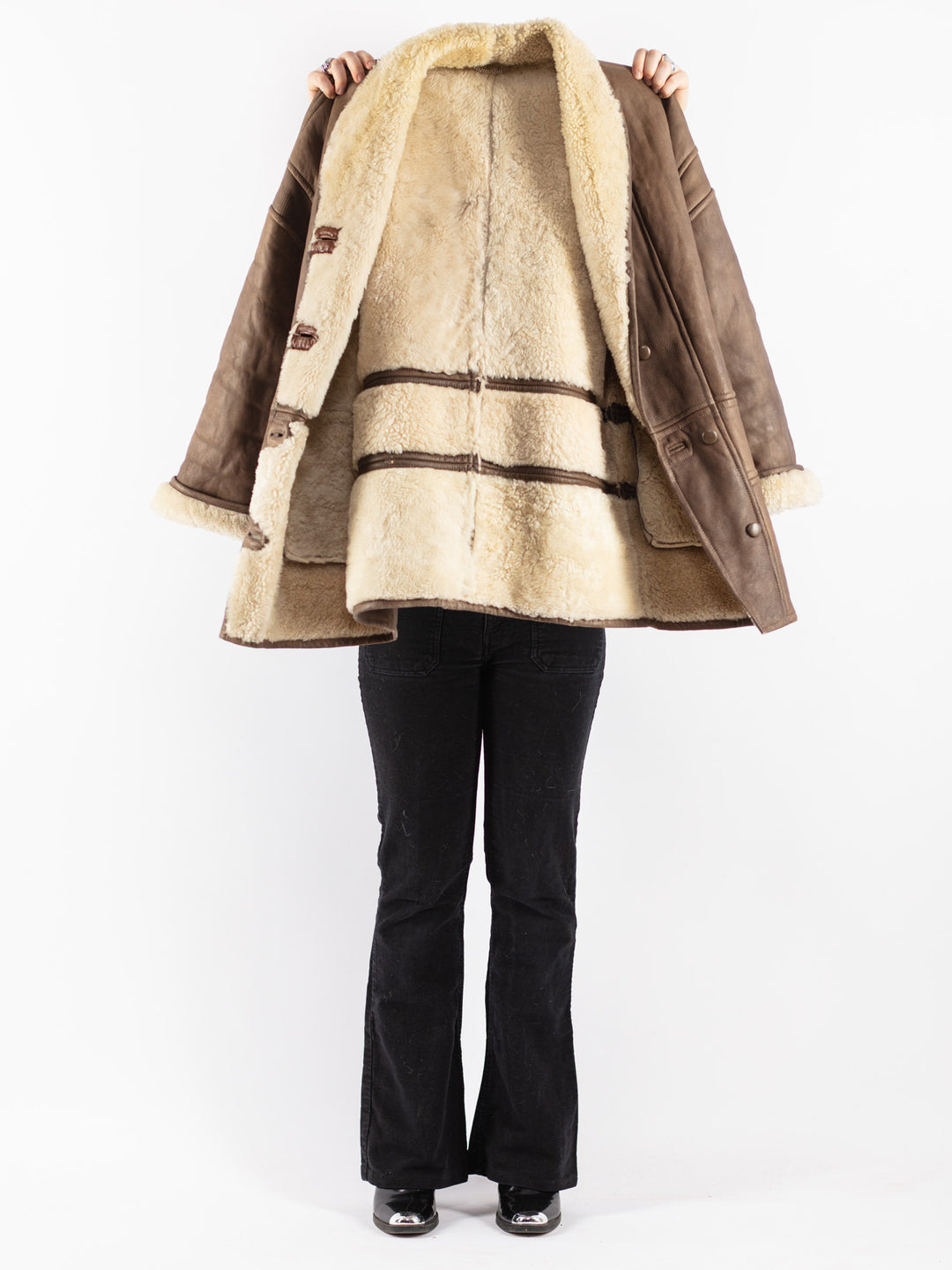 Vintage 80's Women Sheepskin Shearling Coat in Brown