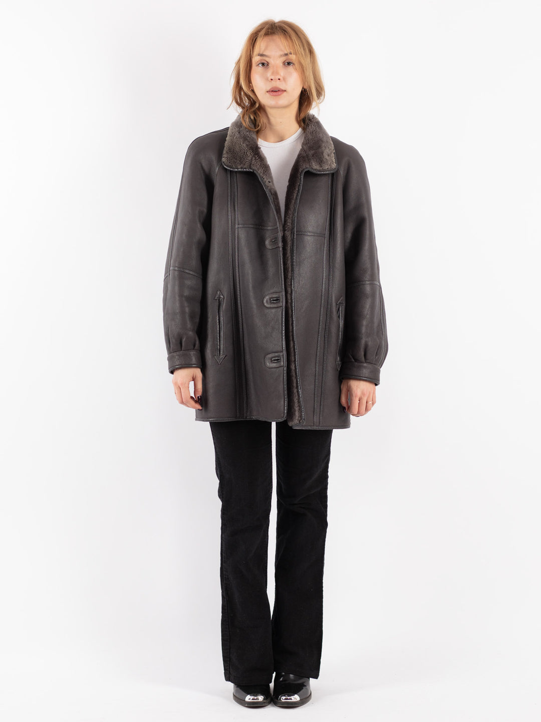Vintage 80's Women Sheepskin Shearling Coat in Gray