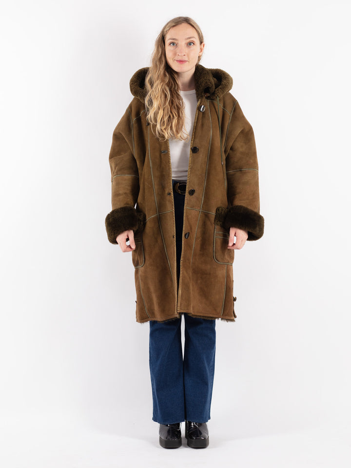 Vintage 80's Women Sheepskin Shearling Coat in Green