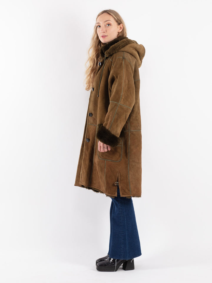Vintage 80's Women Sheepskin Shearling Coat in Green