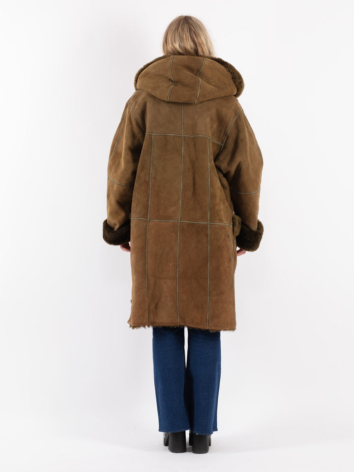 Vintage 80's Women Sheepskin Shearling Coat in Green