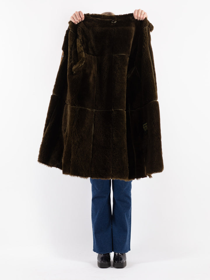 Vintage 80's Women Sheepskin Shearling Coat in Green