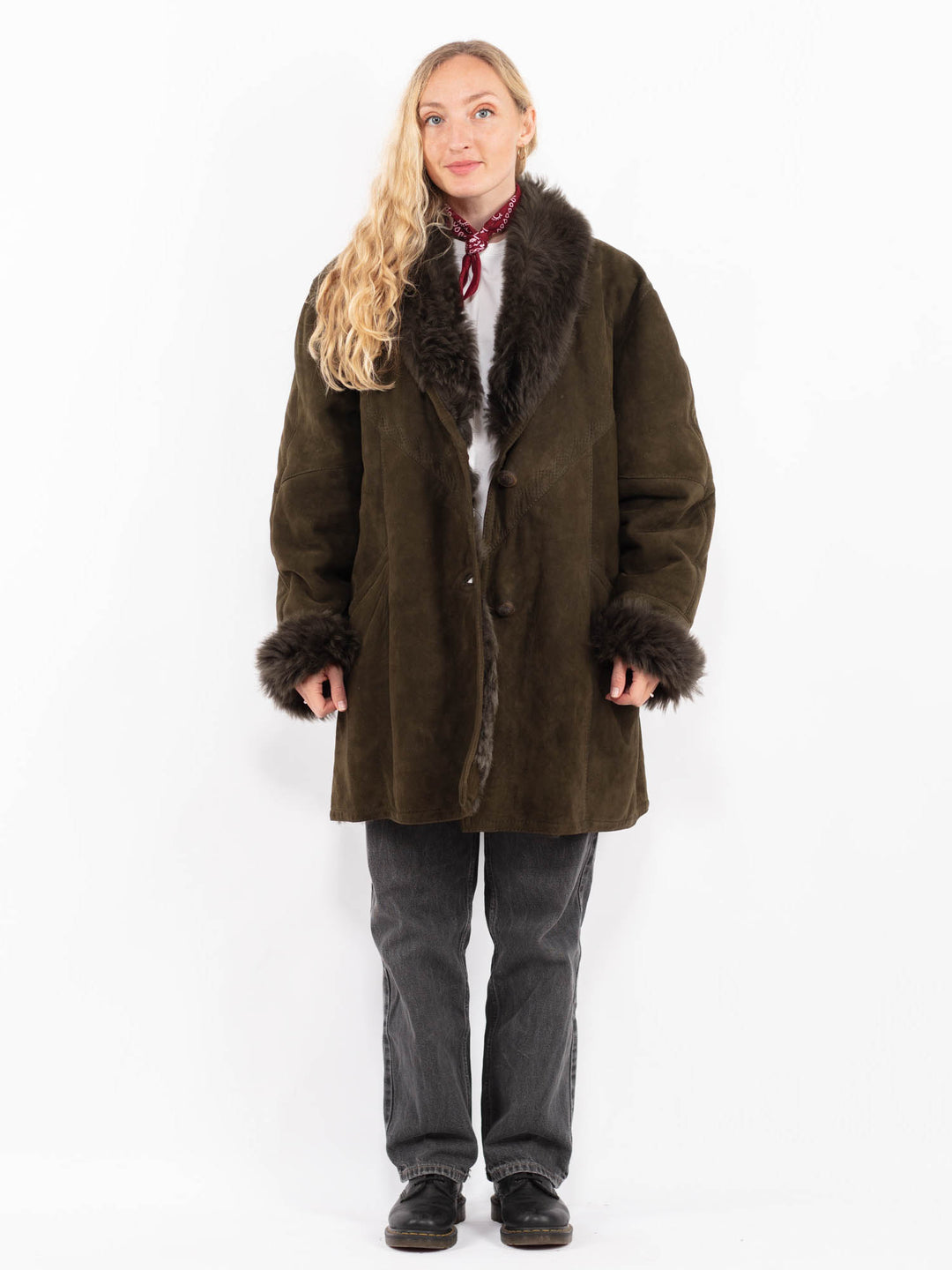 Vintage 80's Women Sheepskin Shearling Coat in GreenA0651