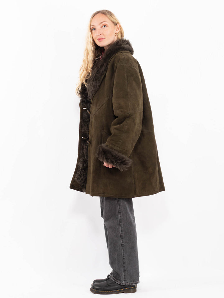 Vintage 80's Women Sheepskin Shearling Coat in GreenA0651