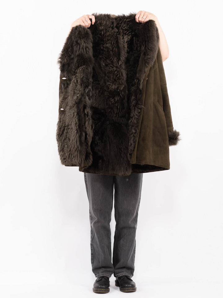 Vintage 80's Women Sheepskin Shearling Coat in GreenA0651