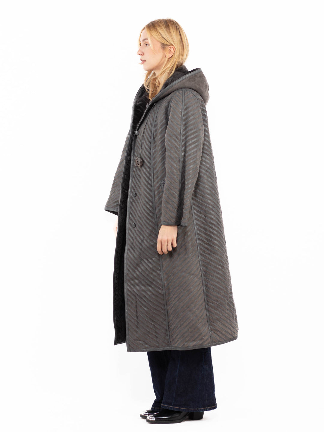 Vintage 80's Women Reversible Sheepskin Long Coat in Gray
