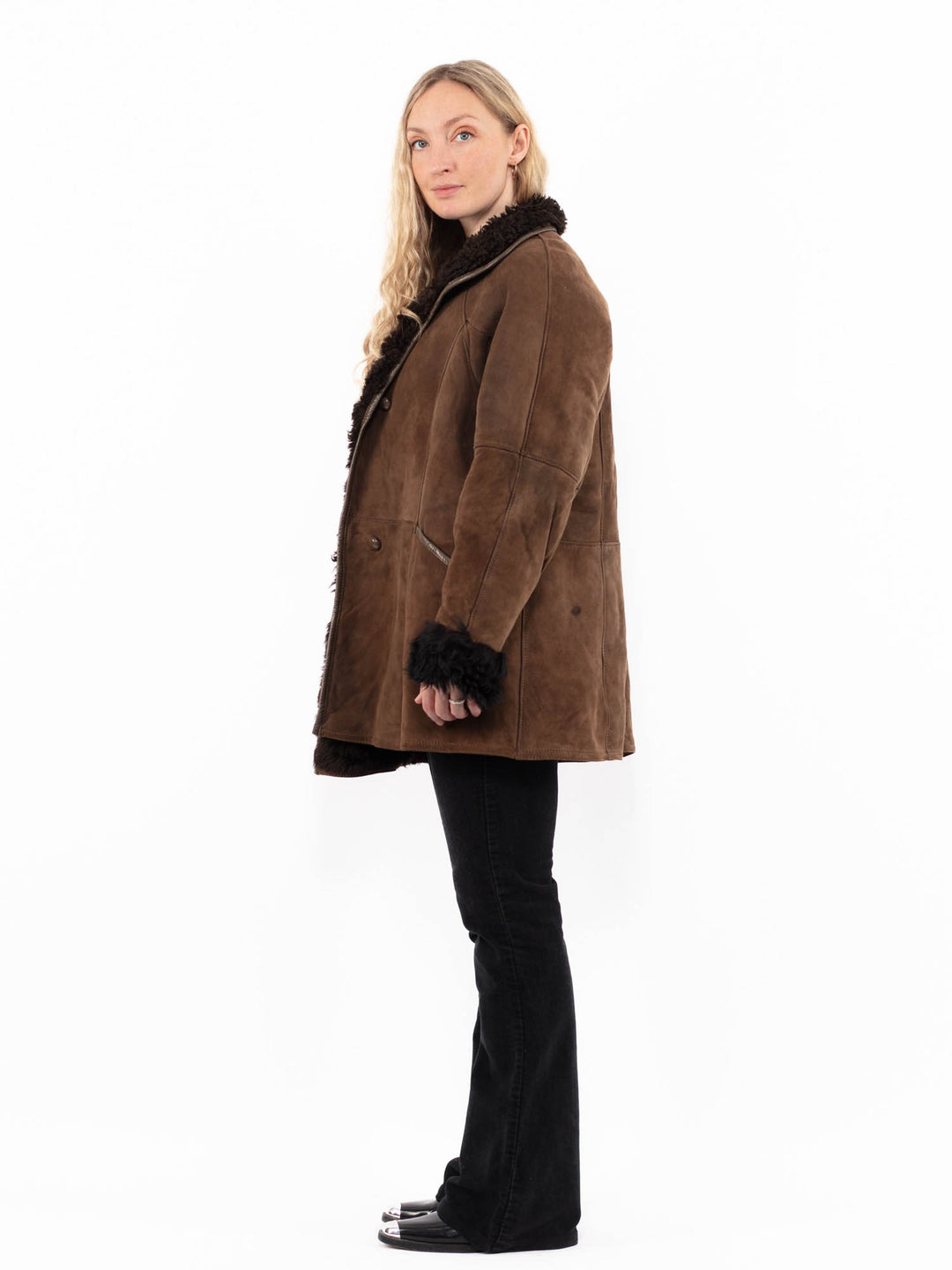 Vintage 80's Women Sheepskin Shearling Coat in BrownA0933